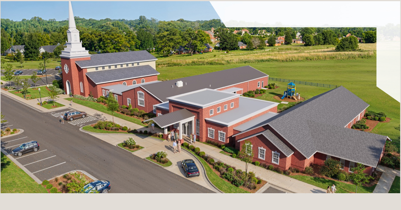 Architectural rendering, aerial view: the renewed campus with the sanctuary, new welcome center, children's wing, and playground