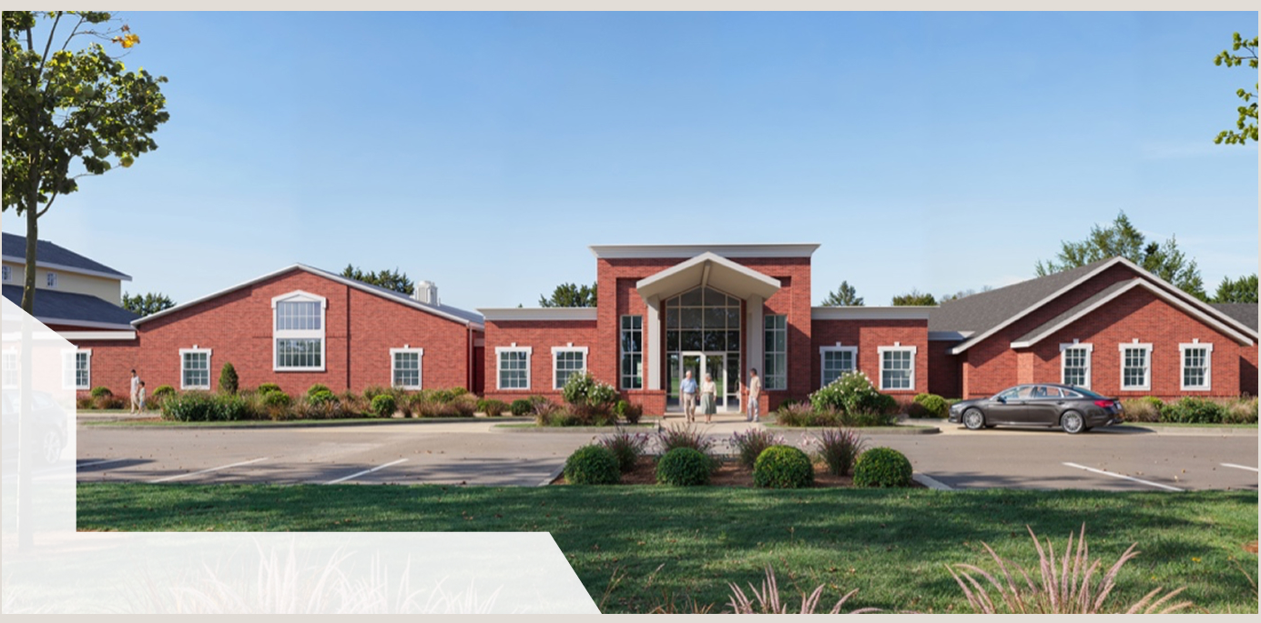 Architectural rendering at street level: the new covered welcome entry with guests arriving