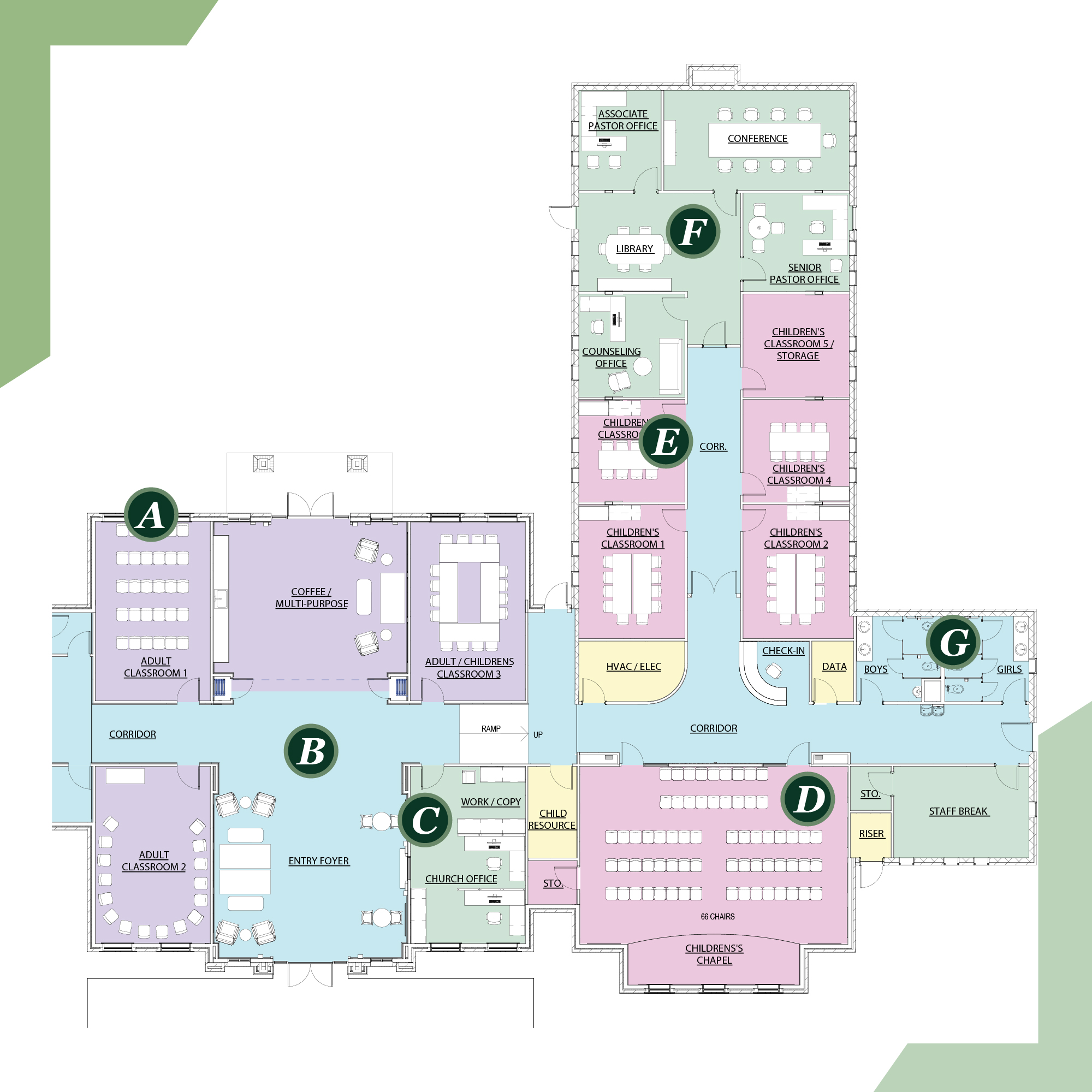 Color-coded architect's floor plan of the renewed building, showing new adult classrooms, multipurpose space, church office, children's chapel, renewed classrooms, restrooms, and the senior pastor's office