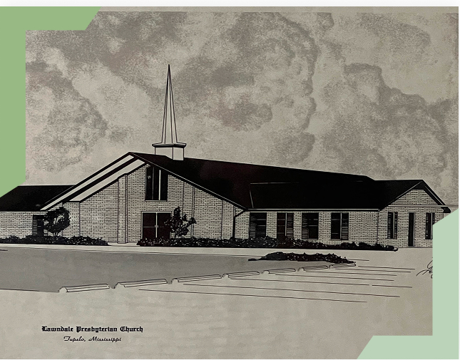 Archival pen-and-ink drawing of the original Lawndale Presbyterian Church building in Tupelo, Mississippi